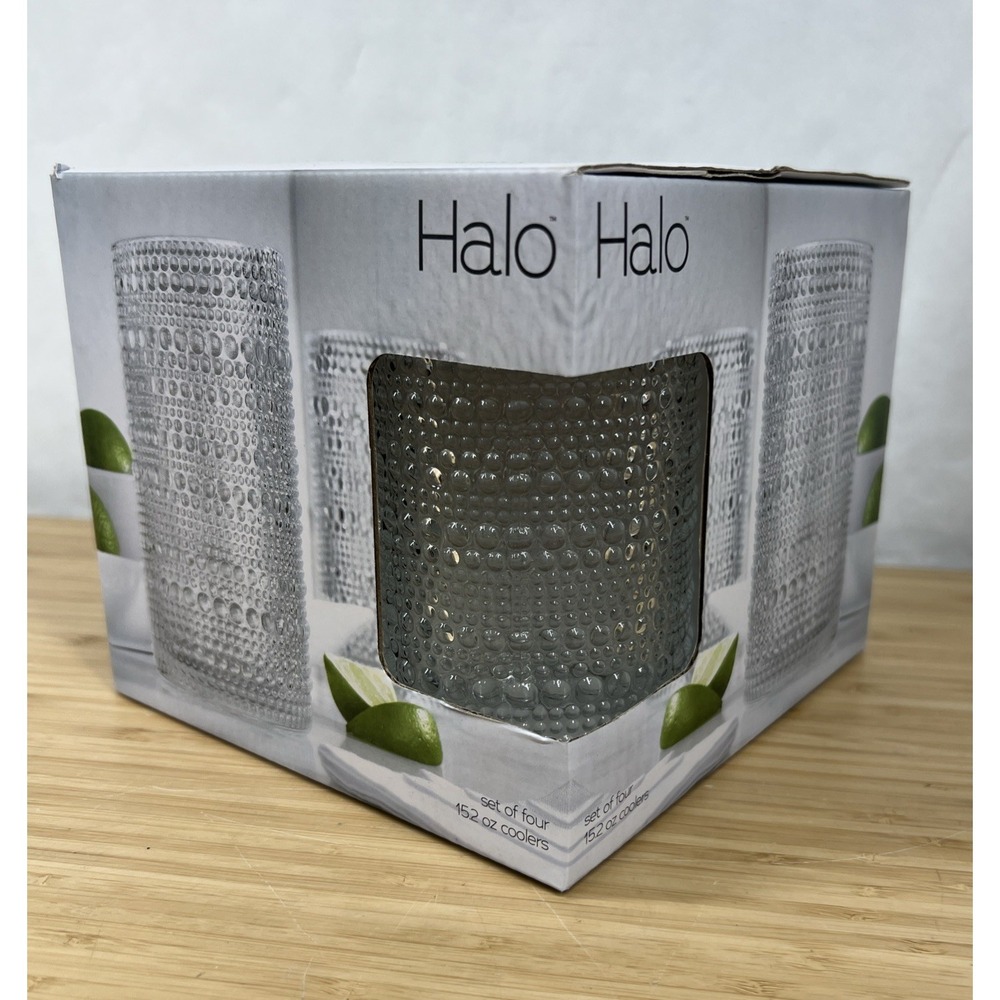 Halo Textured Glass Tumblers Set of‎ 4-15.2 oz Clear Coolers-Bubble Design-New